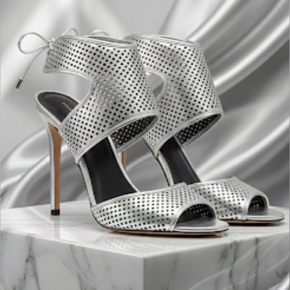 Pour la Victoire Silver Perforated Leather High Heels - Size 8